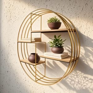 Modern Gold Frame Metal & Wood Shelf – Stylish Organizer for Home & Office